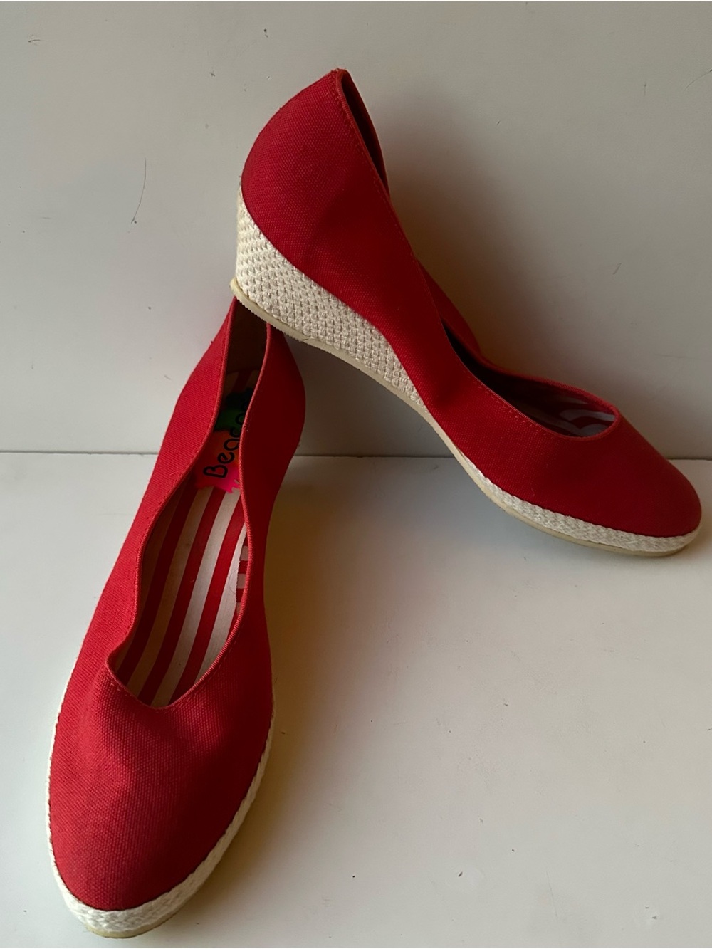 Vintage Beacon Shoes Red Canvas Espadrille Wedges Nautical Striped Insole Sz 8.5